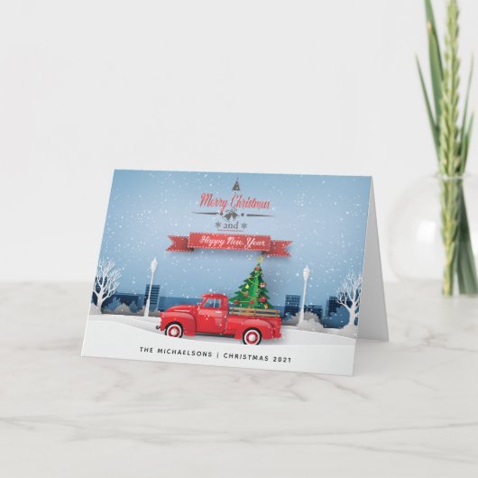 メリークリスマスハッピーニューイヤー |ヴィンテージレッドトラック カード (正面)