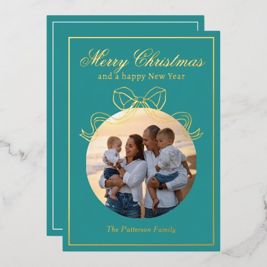 メリークリスマスハッピーニューイヤーCoquet Bow写真 箔シーズンカード (正面/裏面)