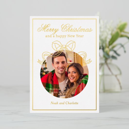 メリークリスマスハッピーニューイヤーCoquet Bow写真 箔シーズンカード (立ち正面)