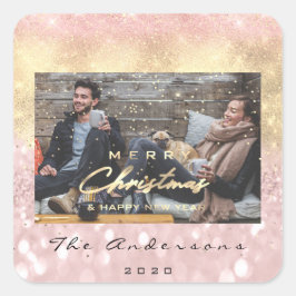 メリークリスマスハッピーニューイヤーPink金ゴールド写真 スクエアシール