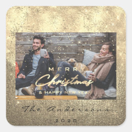 メリークリスマスハッピーニューイヤーSepia金ゴールド写真 スクエアシール