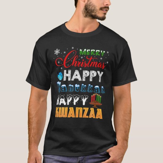メリークリスマスハッピーハヌッカハッピークワンザ Tシャツ (正面)