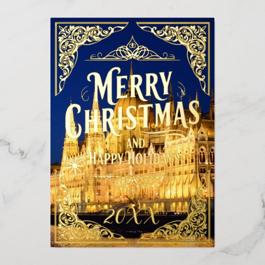 メリークリスマスハッピーホリデーズイヤーブダペスト金ゴールド 箔シーズンカード (正面)