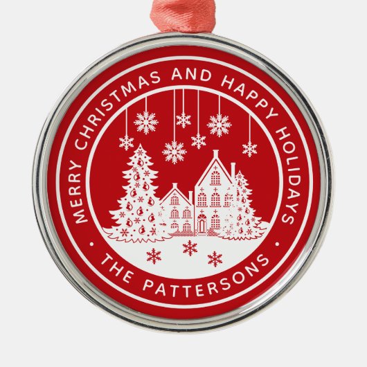 メリークリスマスハッピーホリデーズパーソナライズされた冬 メタルオーナメント (正面)
