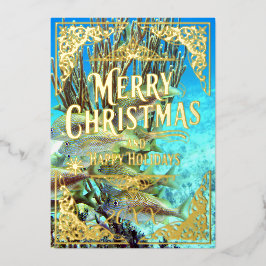 メリークリスマスハッピーホリデーズフィッシュアンドサンゴ金ゴールド 箔シーズンカード