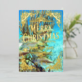 メリークリスマスハッピーホリデーズフィッシュアンドサンゴ金ゴールド 箔シーズンカード (立ち正面)