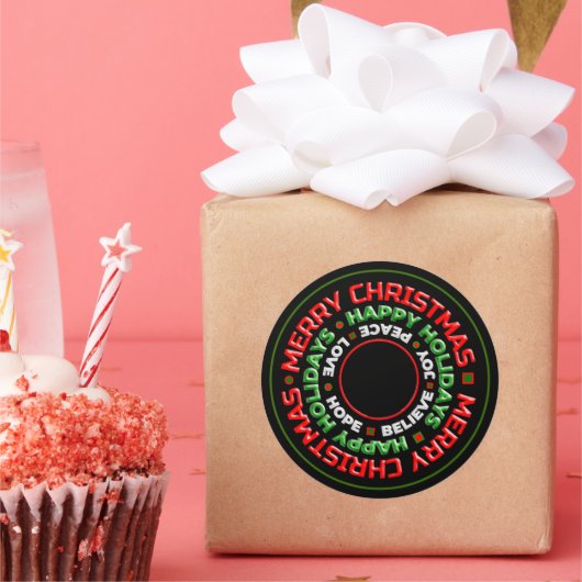 メリークリスマスハッピーホリデーズフォトパーソナライズ ラウンドシール (パーティー)