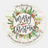 メリークリスマスハッピーホリデーホリーリースアドレス ラウンドシール (正面)
