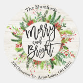 メリークリスマスハッピーホリデーホリーリースアドレス ラウンドシール (正面)