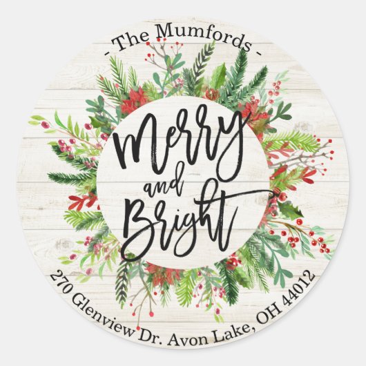 メリークリスマスハッピーホリデーホリーリースアドレス ラウンドシール (正面)