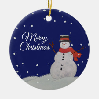 メリークリスマスハッピー雪だるまの雪。 セラミックオーナメント