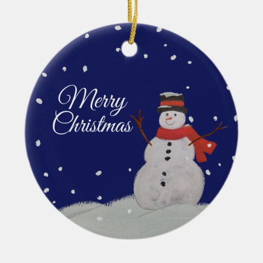 メリークリスマスハッピー雪だるまの雪。 セラミックオーナメント (正面)