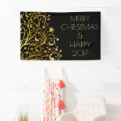 メリークリスマスハッピー2017ツリースターズブラック金ゴールド 横断幕 (インサイチュ)