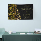 メリークリスマスハッピー2017ツリースターズブラック金ゴールド 横断幕 (トレードショー)