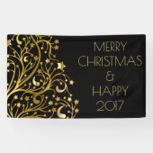 メリークリスマスハッピー2017ツリースターズブラック金ゴールド 横断幕 (横)