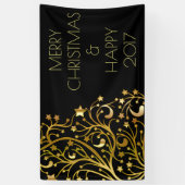 メリークリスマスハッピー2017ツリースターズブラック金ゴールド 横断幕 (縦)
