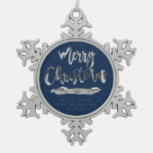 メリークリスマスハッピー·ニューイヤー·ネービー·ブルー·シルバー スノーフレークピューターオーナメント (正面)