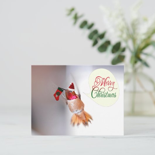 メリークリスマスハミングバードとクリスマスストッキング シーズンポストカード (スタンド正面)