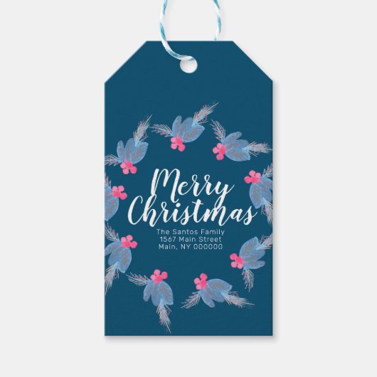 メリークリスマスハンドウォーターカラーブルーポインセチア ギフトタグ (正面)