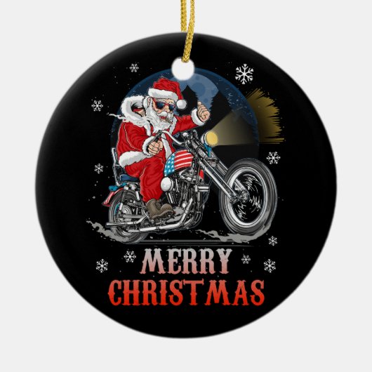 メリークリスマスバイクもしくは自転車に乗る人サンタオートバイファンクリスマスホ セラミックオーナメント (正面)