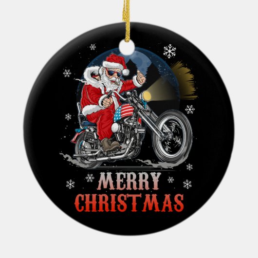 メリークリスマスバイクもしくは自転車に乗る人サンタオートバイファンクリスマスホ セラミックオーナメント (裏面)