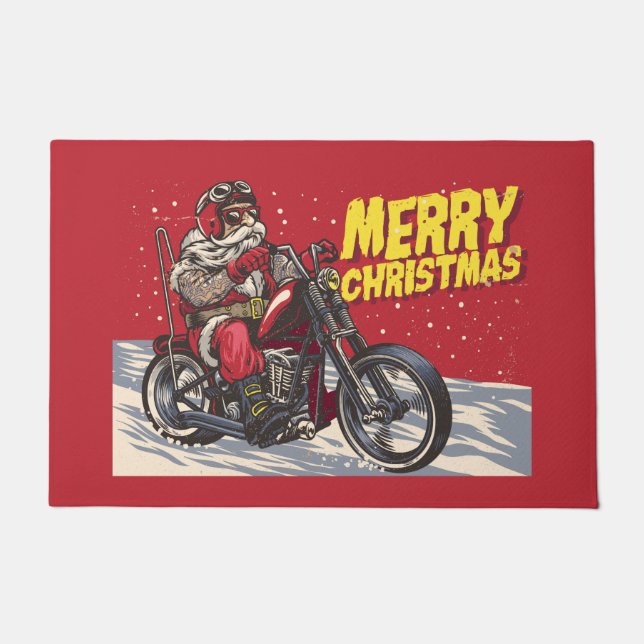 メリークリスマスバイクもしくは自転車に乗る人サンタ ドアマット (正面)