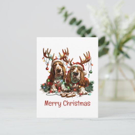 メリークリスマスバセット犬 ポストカード (スタンド正面)