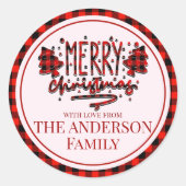 メリークリスマスバッファローの赤い格子柄をパーソナライズ ラウンドシール (正面)