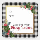 メリークリスマスバッファローチェック水色ホリー スクエアシール (正面)