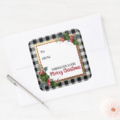 メリークリスマスバッファローチェック水色ホリー スクエアシール (封筒)
