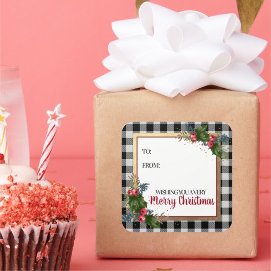 メリークリスマスバッファローチェック水色ホリー スクエアシール (パーティー)