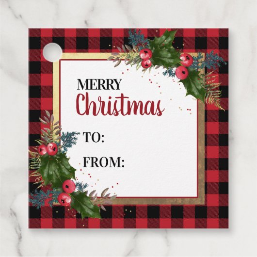 メリークリスマスバッファローチェック水色ホリー フェイバータグ (正面)