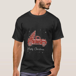メリークリスマスバッファロートラックツリーMのための赤い格子柄 Tシャツ