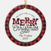 メリークリスマスバッファロープレイドフォトクリスマス セラミックオーナメント (正面)