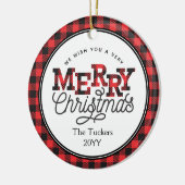 メリークリスマスバッファロープレイドフォトクリスマス セラミックオーナメント (左)