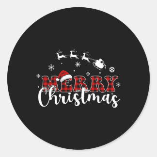 メリークリスマスバッファロープレイドレッドサンタハットクリスマスP ラウンドシール