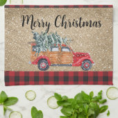 メリークリスマスバッファロープレイドヴィンテージトラックツリー キッチンタオル (折り畳み)
