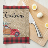 メリークリスマスバッファロープレイドヴィンテージトラックツリー キッチンタオル (四つ折り)