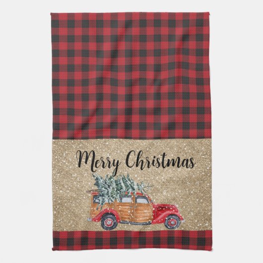メリークリスマスバッファロープレイドヴィンテージトラックツリー キッチンタオル (縦)