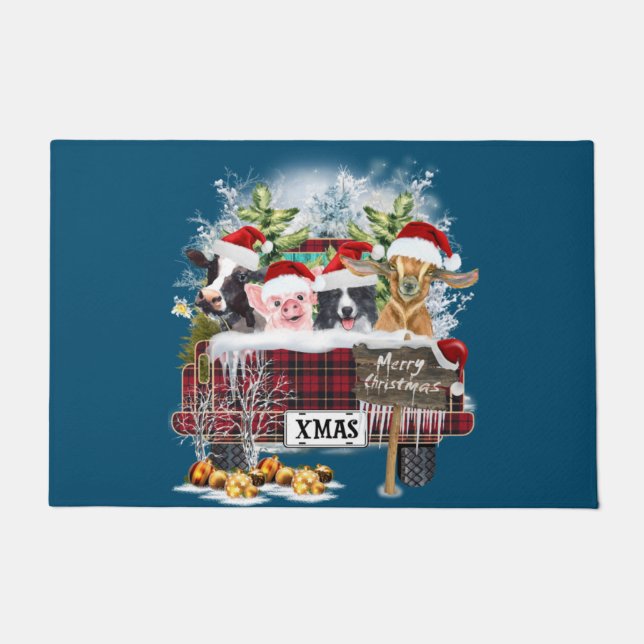 メリークリスマスバッファローplaid牛の豚コリードッグ ドアマット (正面)