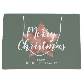 メリークリスマスバラ金ゴールドスターセージグリーン ラージペーパーバッグ