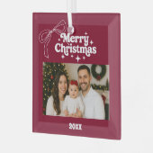 メリークリスマスバーガンディの写真弓の手を引いた ガラスオーナメント (正面左)