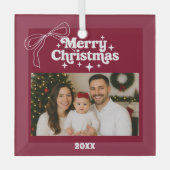 メリークリスマスバーガンディの写真弓の手を引いた ガラスオーナメント (正面)