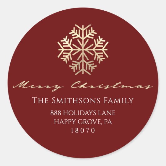 メリークリスマスバーガンディ金ゴールドRSVPスノーフレーク ラウンドシール (正面)