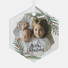 メリークリスマスパインとベリー写真 ガラスオーナメント