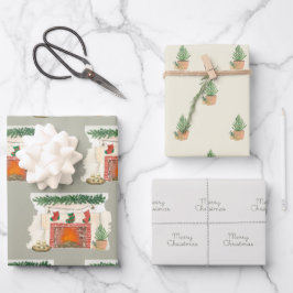 メリークリスマスパインと居心地の良い暖炉 ラッピングペーパーシート