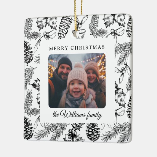 メリークリスマスパインコーン家族の写真 セラミックオーナメント (左)