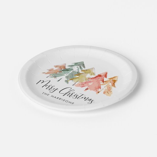 メリークリスマスパインツリーウォーターカラーホリデー ペーパープレート (アングル)