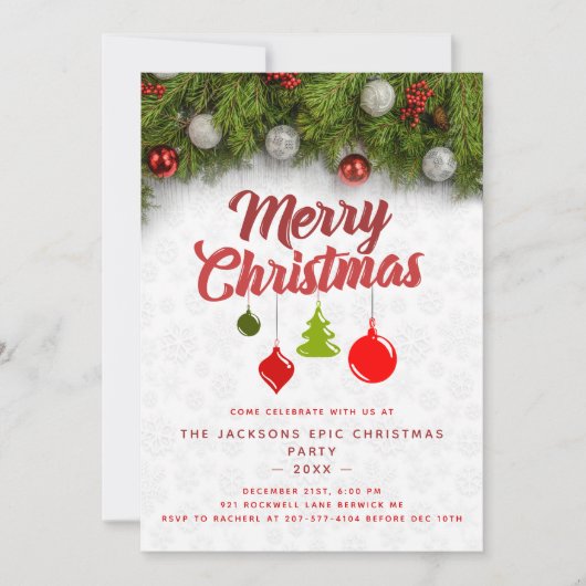 メリークリスマスパインツリーオーナメントクリスマスパーティー 招待状 (正面)