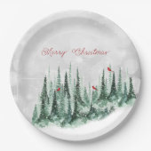 メリークリスマスパインツリーフォレスト（鳥）ショウジョウコウカンチョウ鳥 ペーパープレート (正面)